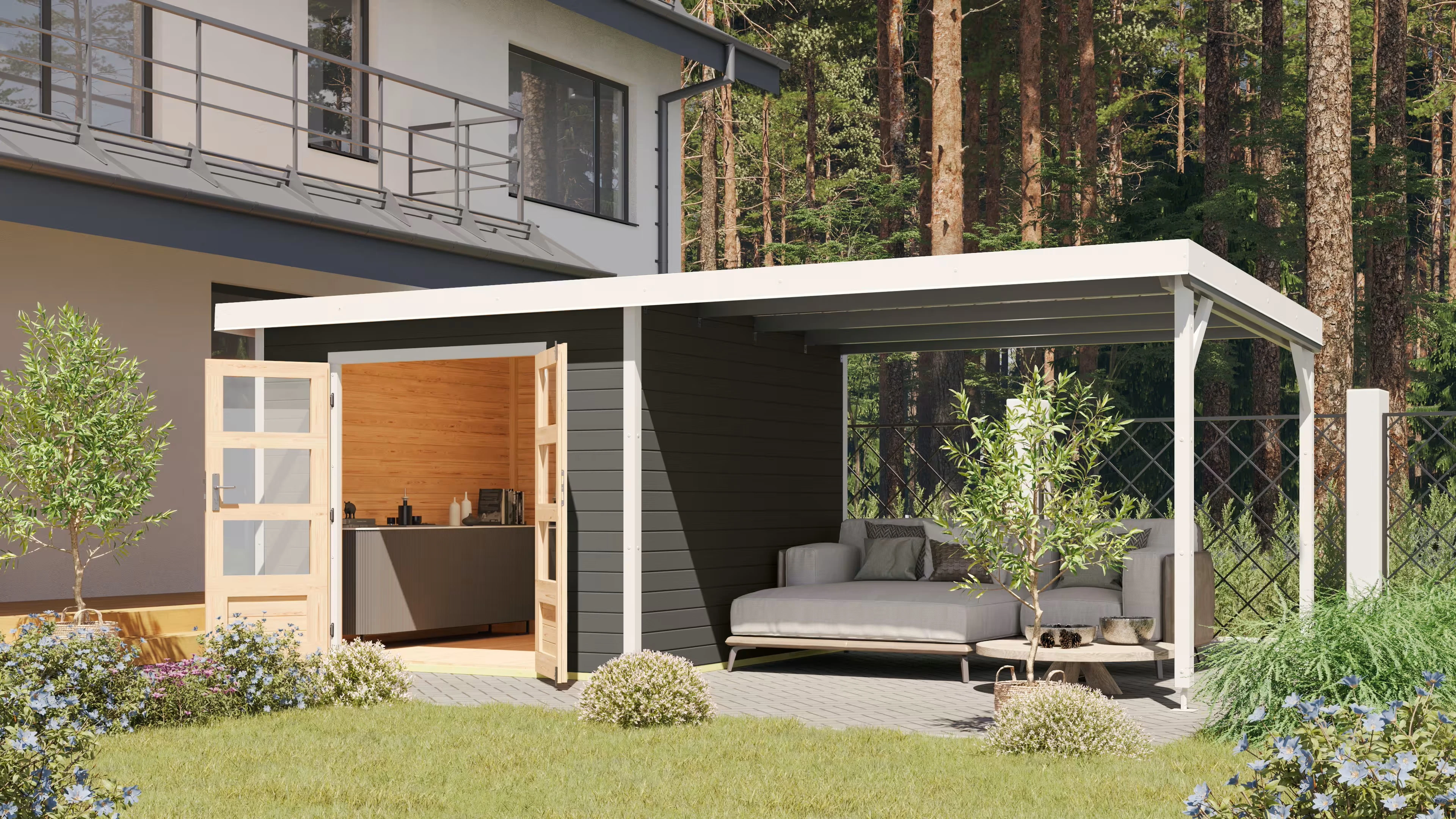 Karibu Tuinhuis Pluto B met Overkapping Antraciet/Wit 571 x 271 cm - Afbeelding 1